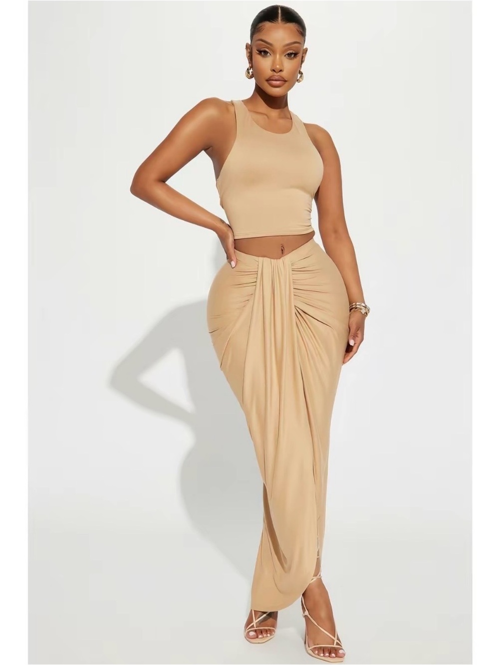Fashion Nova Beige Ruched Draped Maxi Skirt